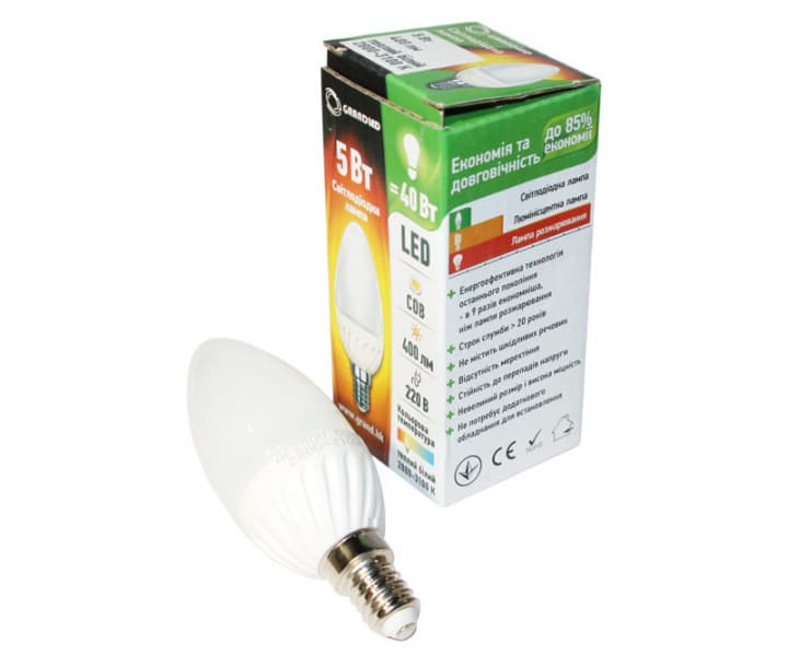 Лампа светодиодная E14 GRANDLED LED E14, 5W, 2800-3100k (теплый белый), 400лм, 220в, Свеча (B-C37E14W05M)
