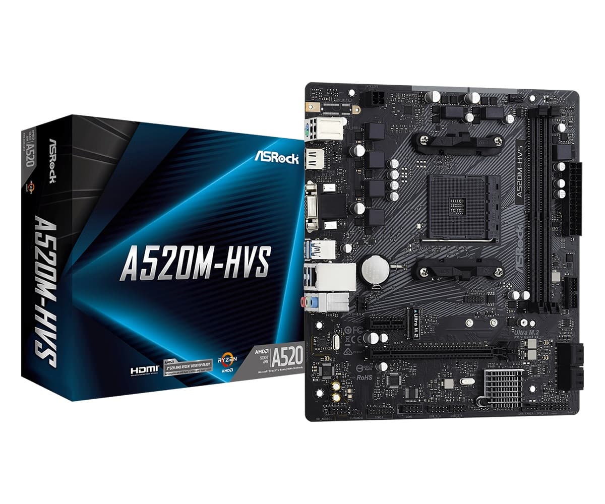 Мат.плата Socket AM4 ASRock A520M-HVS AMD A520, 2DDR4, HDMI, D-Sub, 1PCI-E16, 1PCI-E1, 1M.2, 4SATA (RAID0/1/10), GLAN, ALC887 7.1, mATX