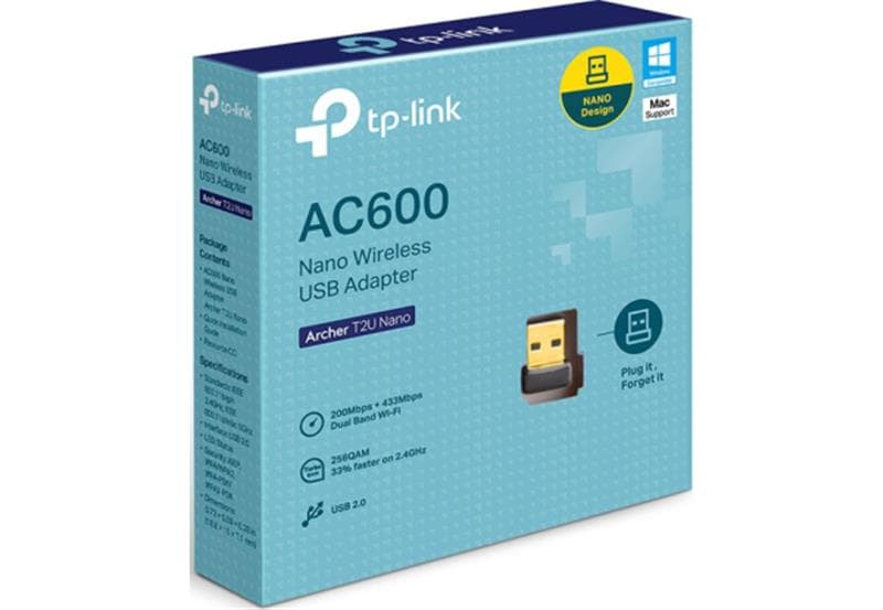 Сетевой адаптер беспроводной (WIFI) USB Wireless TP-Link Archer T2U Nano AC600 (5ГГц 802.11ac 433Мбит /2.4ГГц 802.11n 200Мбит)