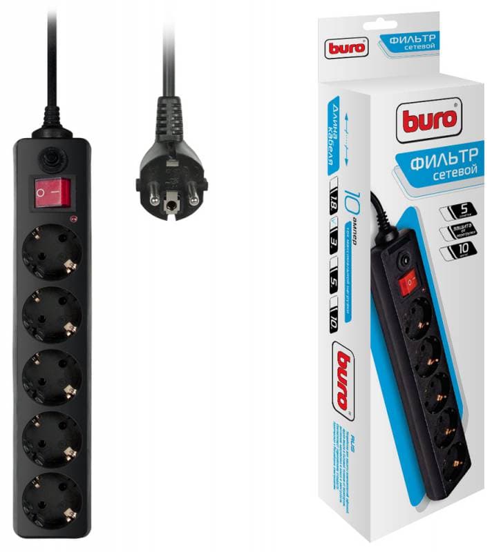 Сетевой фильтр Buro 500SH-3-B 3.0м 5 розеток, черный, 10А