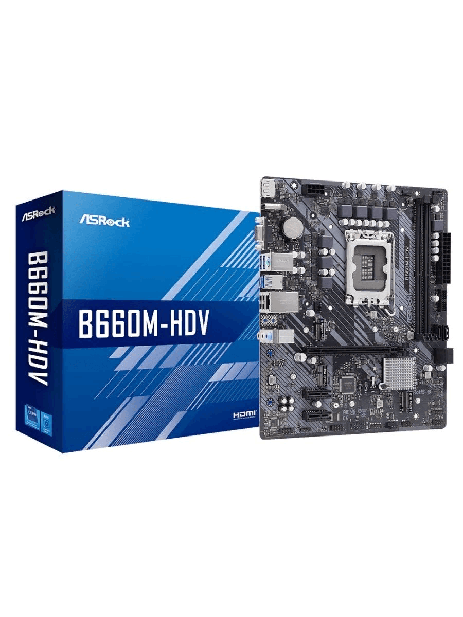 Мат.плата Socket 1700 ASRock B660M-HDV Intel B660, 2xDDR4, HDMI,DisplayPort,D-Sub, 1xPCI-Ex16, 2xPCI-Ex1, 2xM.2, 4xSATAIII(RAID0,1,5,10) Realtek ALC897 7.1, 1GLAN, mATX