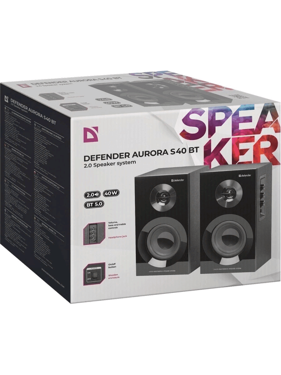 Колонки Defender Aurora S40 BT 2.0 Black 40Вт (2x20W) дерево, Bluetooth, 220В, Разъем для наушников, Выключатель питания, Регулировка громкости