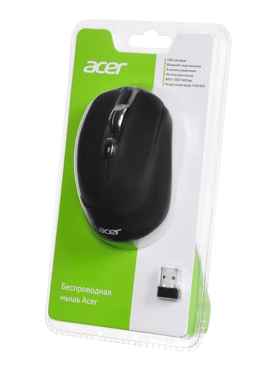 Мышь беспроводная Acer OMR050 черный, Bluetooth/Radio, 6 кн., 1600dpi, 1xAA, 100х61.5х38мм (ZL.MCEEE.00B)