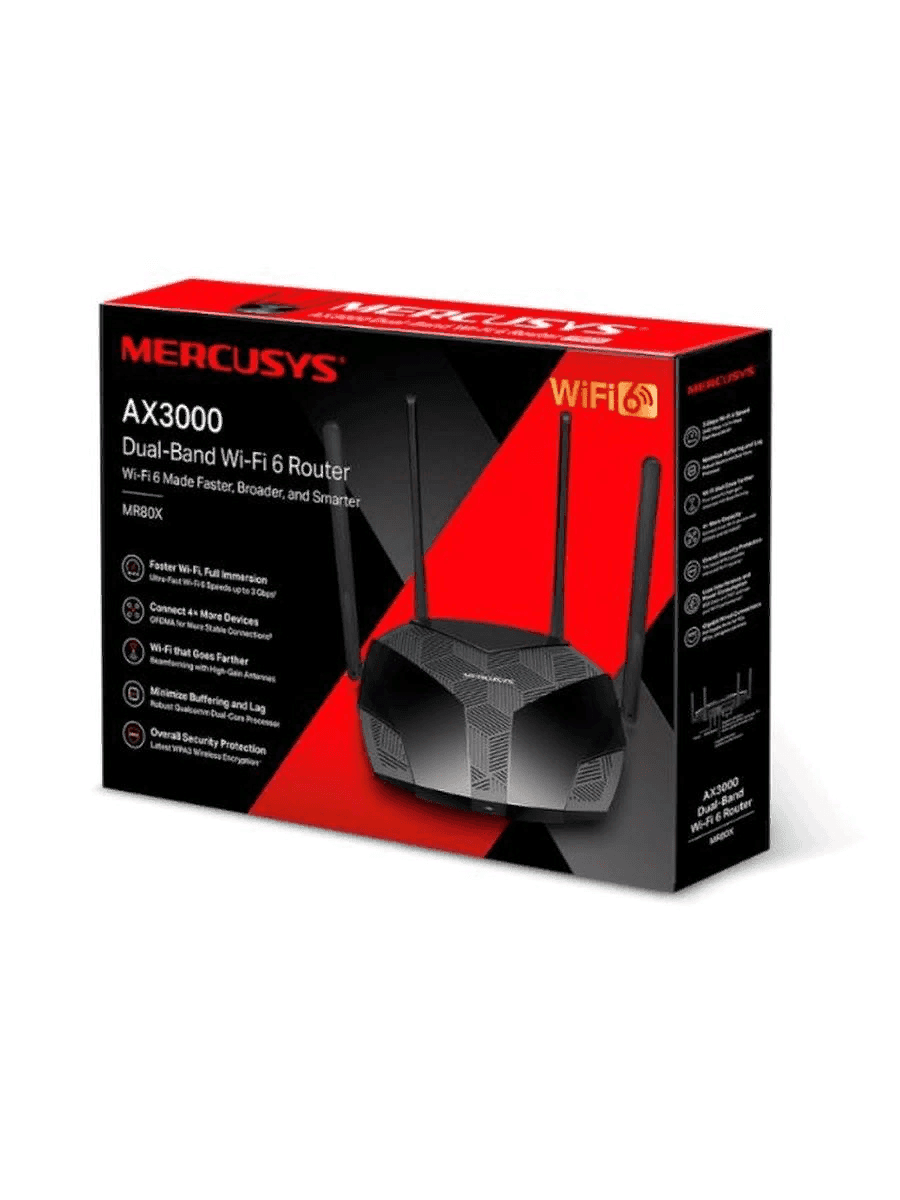 Маршрутизатор беспроводной Mercusys MR80X WiFi6 (AX3000, 1*GE Wan , 3*GE LAN , 4 ANTx5dBI) OFDMA, MU-MIMO, Beamforming