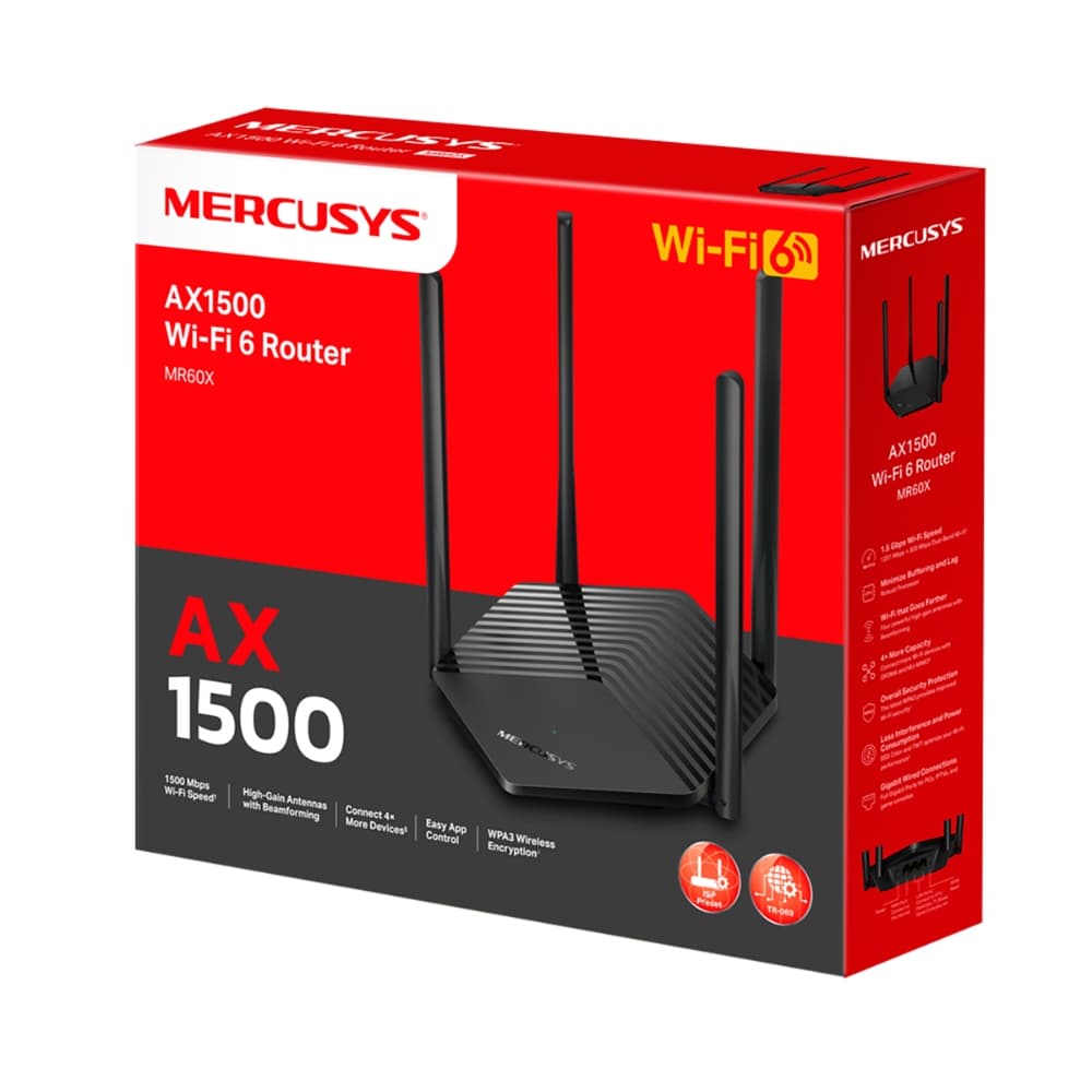 Маршрутизатор беспроводной Mercusys MR60X WiFi6 (AX1500, 1*GE Wan , 2*GE LAN , 4 ANTx5dBI) OFDMA, MU-MIMO, Beamforming