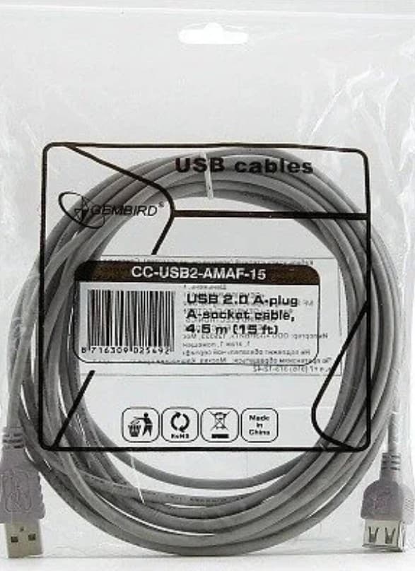 Кабель Удлинитель - USB2.0 AM/AF 4.5M Gembird CC-USB2-AMAF-15, USB 2.0 A-папа/A-мама