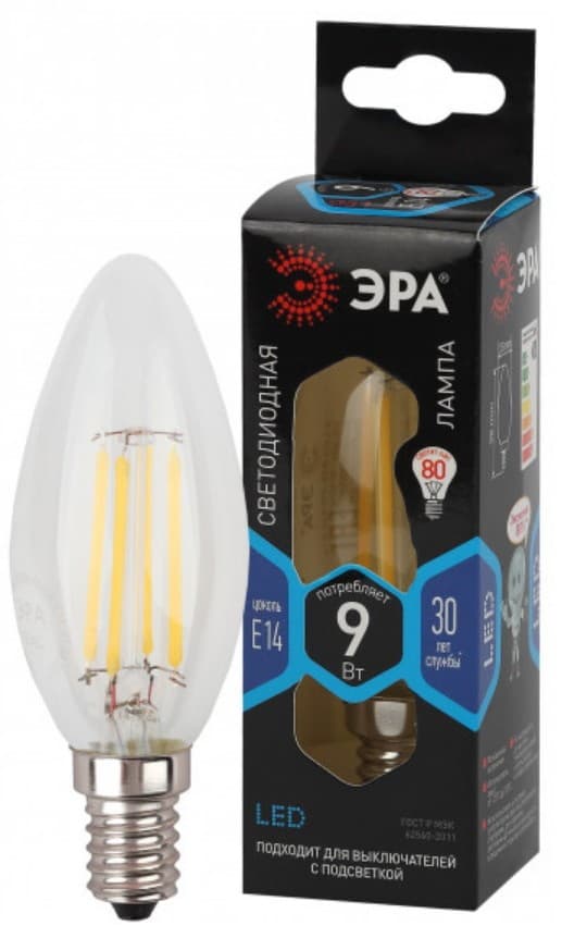 Лампа светодиодная E14 9W ЭРА F-LED B35-9w-840-E14 филамент, свеча, нейтр, 3500k (Б0046995)