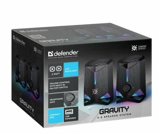 Колонки Defender GRAVITY, 2.0, 6 Вт (2х3Вт), подсветка, черные, питание от USB, разъем для наушников