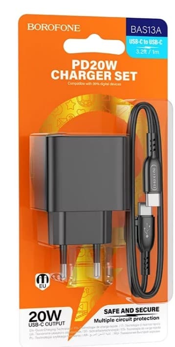 Сетевое зарядное устройство Borofone BAS13A Black 1xType-C 3.0A PD20W быстрая зарядка