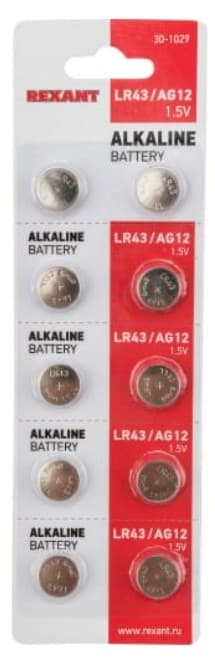 Батарейка REXANT AG12, LR43, LR1142, G12, 186, GP86A, 386, SR43W (30-1029)