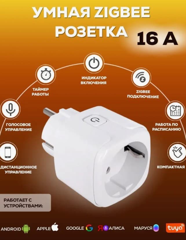 Умная розетка ZigBee белый, 16A