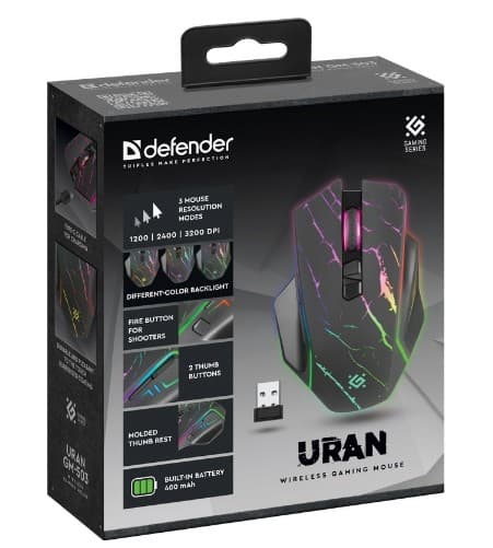 Мышь беспроводная Defender Uran GM-503 черный, игровая 3200 dpi, 8 кн. кн. Fire, подсветка (52503)