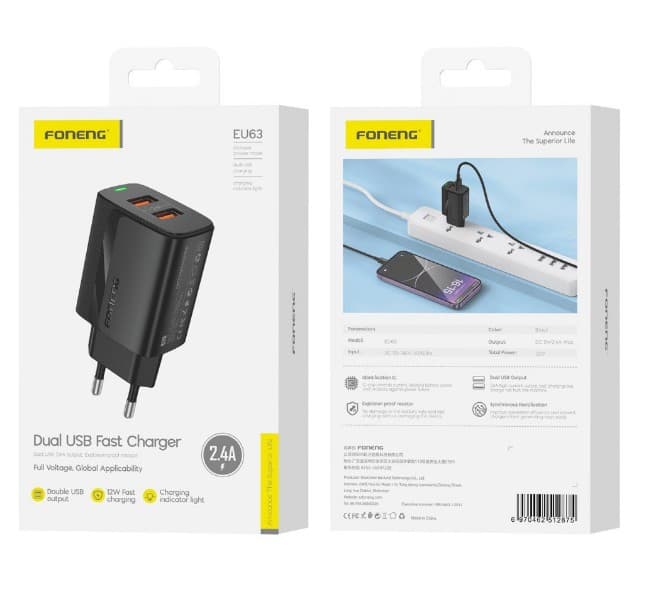 Сетевое зарядное устройство Foneng EU63 2.4A Black, 2xUSB-A, черный