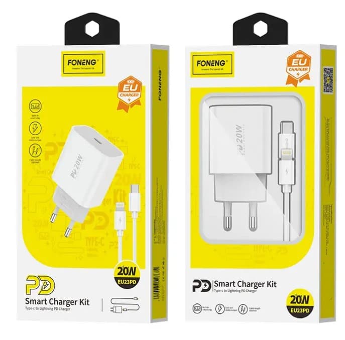 Сетевое зарядное устройство Foneng EU23 USB-C 20W PD Adapter + кабель Type-C to Lightning (White)