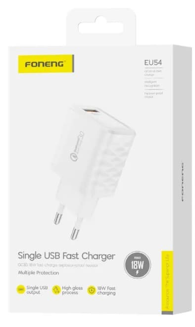 Сетевое зарядное устройство Foneng EU54 3A White USB-A 18W QC3.0 Adapter, белый