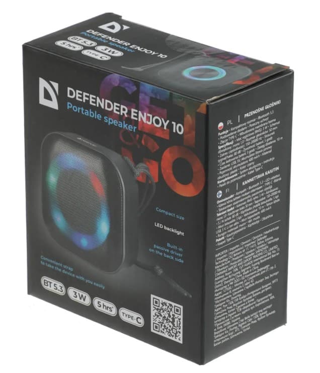 Акустическая система портативная DEFENDER Enjoy 10 Черный, 3Вт, Bluetooth 5.3, подсветка, 400mAh, Type-C