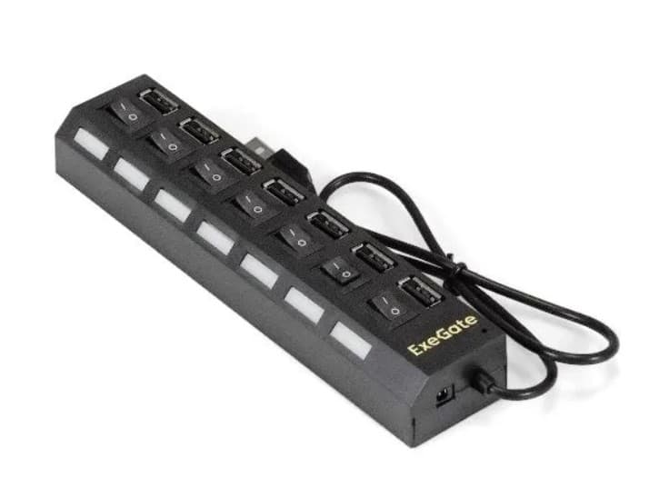 Разветвитель USB концентратор ExeGate DUB-72SW, 7 портов, Хаб USB2.0 Black кнопки включения/отключения для каждого порта (EX293978RUS)