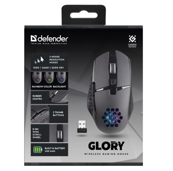 Мышь беспроводная Defender Glory GM-514 черный, игровая 3200 dpi, ускор.10G.встр. аккум. 400mAh, 7 кн. подсветка (52514)