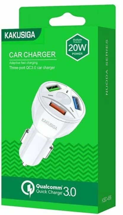 Автомобильное зарядное устройство KAKUSIGA KSC-486 20W, 3xUSB, 2.4/QC3.0, White