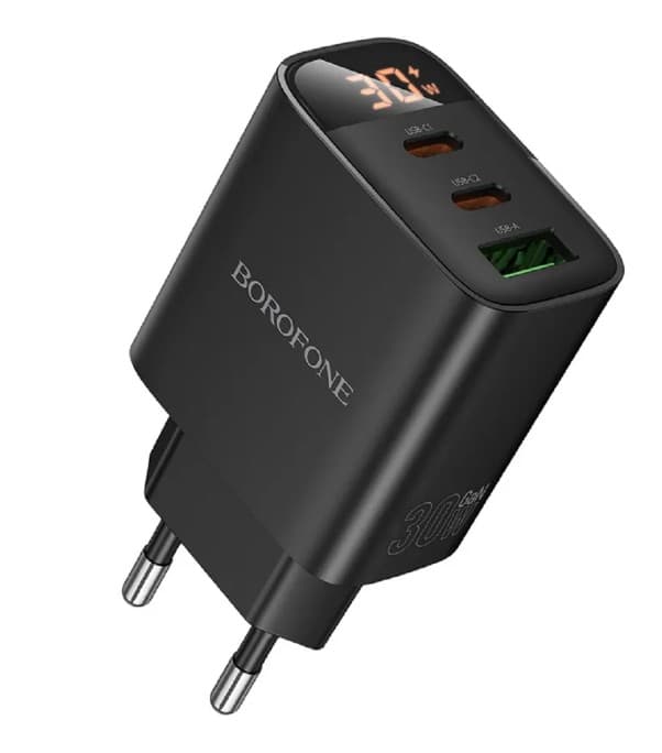 Сетевое зарядное устройство BOROFONE BA98A Ilustre PD30W (2C1A) with digital display (черный) 2xUSB-C, 1xUSB-A