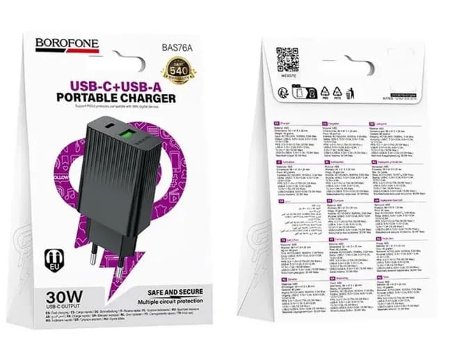Сетевое зарядное устройство BOROFONE BAS76A Source PD30W+QC3.0 18W charger (EU) черный