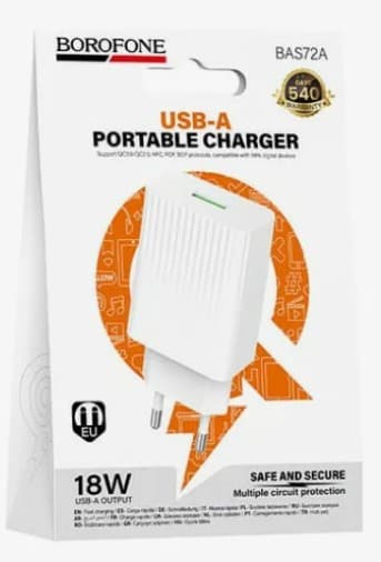 Сетевое зарядное устройство Borofone BAS72A белый/черный, 1xUSB, QC3.0 18W + Кабель Type-C