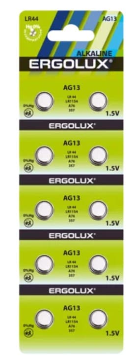Батарейка Ergolux AG13, LR44, LR1154, G13, A76, GP76A, 357, SR44W