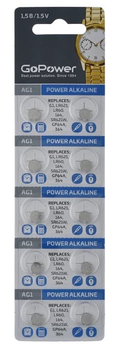 Батарейка GoPower AG1, LR60, LR621, G1, 164, GP64A, 364, SR621W