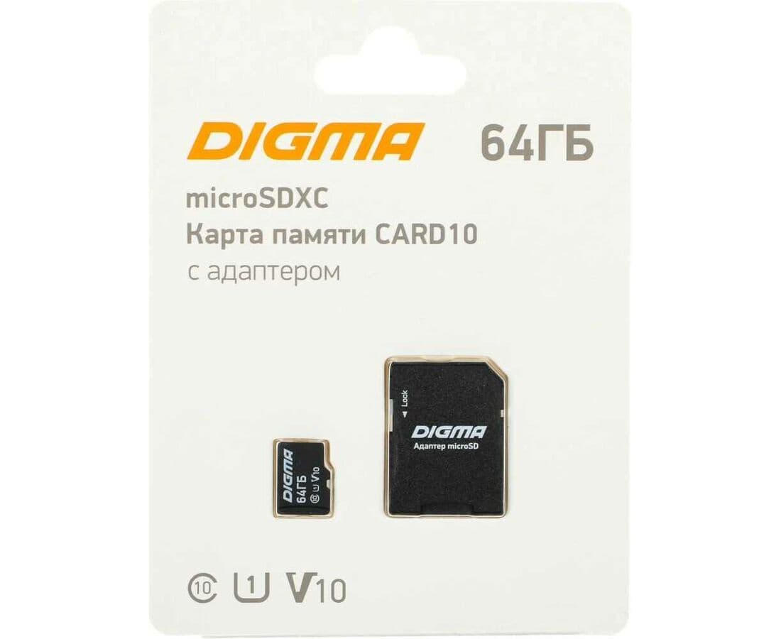 Карта памяти MicroSDXC 64 GB UHS-I U1 Class 10 Digma CARD10 + adapter (DGFCA064A01)