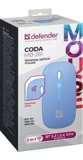 Мышь беспроводная Defender Coda MB-261 голубой, Bluetooth/радиоканал, встр. аккум, 3 кн. 1600 dpi, RGB (52263)
