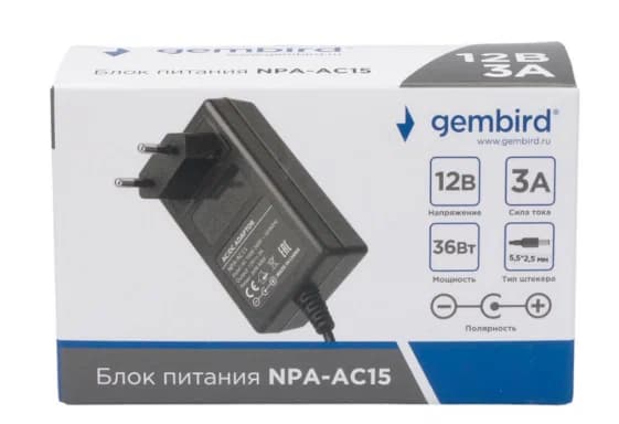 Блок питания Gembird NPA-AC40 12В/3А 36W DC5.5*2.5 мм (box) 12V 3A, DC: 5.5x2.5mm