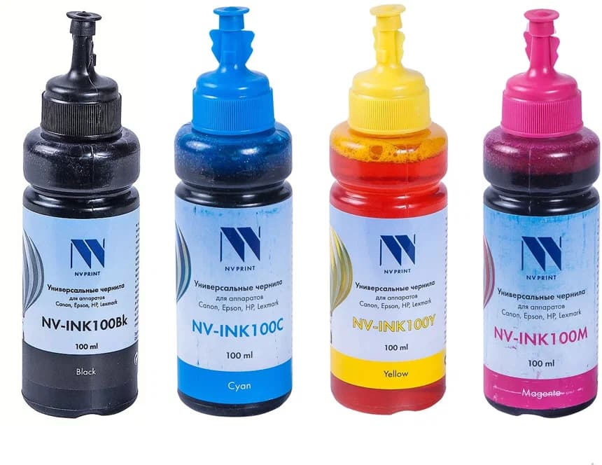 Чернила NV-INK100U-4 комплект 4-цвета, универсальные на водной основе для аппаратов Сanon/Epson/НР/Lexmark (4x100 ml) (Китай)