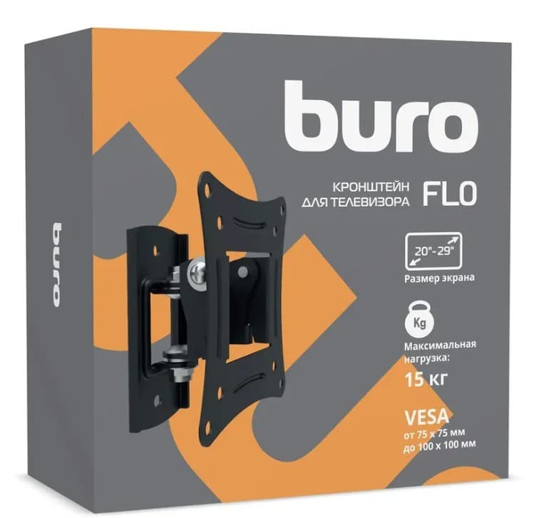 Крепление кронштейн настенный поворот и наклон Buro FL0, черный, 10"-29", макс.15кг, 75x75, 100x100 (-45/+45°, -5/+15°)