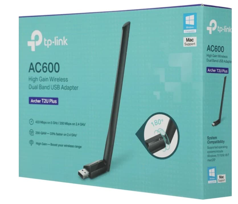 Сетевой адаптер беспроводной (WIFI) USB Wireless TP-Link Archer T2U Plus AC600 высокого усиления (5ГГц 802.11ac 433Мбит /2.4ГГц 802.11n 200Мбит)