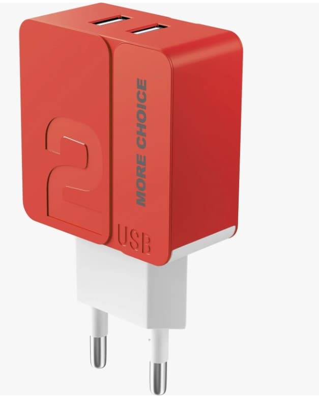 Сетевое зарядное устройство More choice NC46a Red, 2xUSB, 2.4A + Type-C кабель