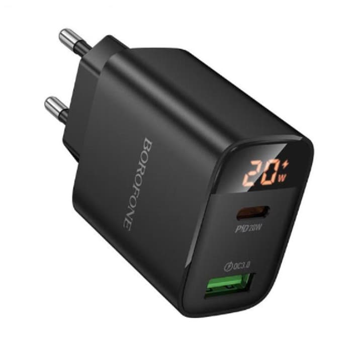 Сетевое зарядное устройство BOROFONE BA96A Ilustre PD20W + QC3.0 (1C1A) with digital display (черный) 1xUSB-C, 1xUSB-A
