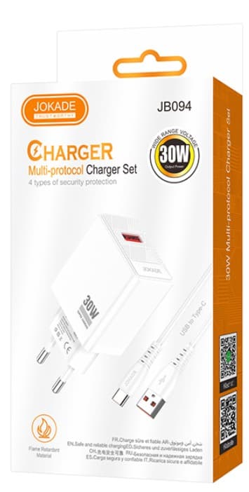 Сетевое зарядное устройство Jokade JB094 белый, 30W, 1xUSB + USB Type-C кабель