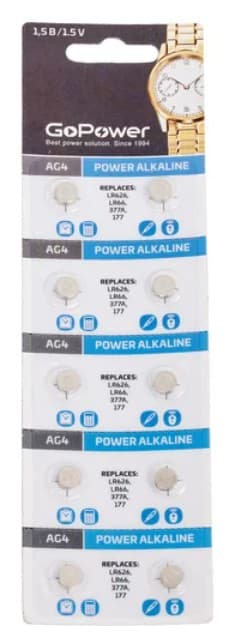 Батарейка GoPower AG4, LR626, G4, LR66, 177, GP77A, 377, SR626W, 18 мАч 1.5В, 2.6x6.8мм