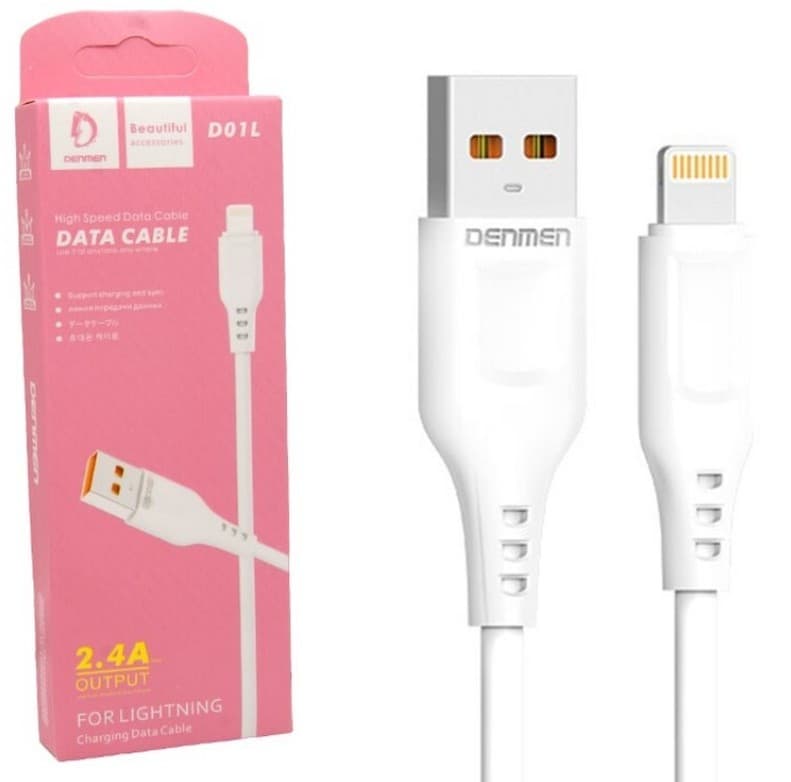 Кабель USB Lightning для iPhone Denmen D01L, 1м, белый