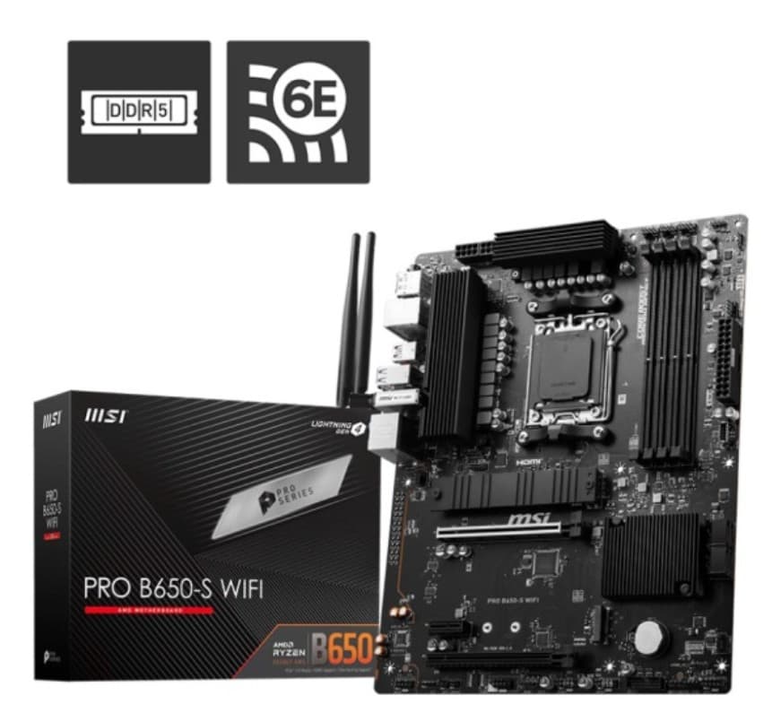 Мат.плата Socket AM5 MSI PRO B650-S WIFI AMD B650, HDMI,DP,USB-C, 4xDDR5, 2xM.2, 1xPCIe4.0 x4, 2xPCI-E4.0x16, 4xSATAIII(RAID0.1.10), Bluetooth, 2.5GLAN, 6x3.5 мм, 7.1 HDAudio, 4xUSB, mATX
