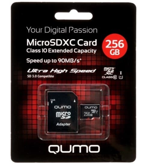 Карта памяти MicroSDXC 256GB UHS-I 3.0 QUMO + SD-адаптер (QM256GMICSDXC10U1) R/W 90/20 MB/s
