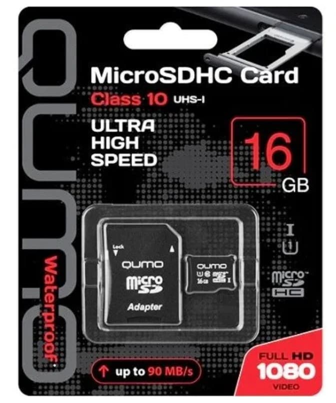 Карта памяти Micro-SD card 16 GB UHS-1 Class 10 QUMO + SD adapter (QM16GMICSDHC10U1)