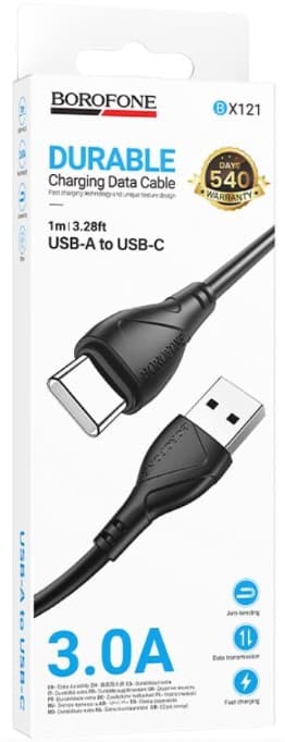 Кабель USB-Type-C Borofone BX121 Type-C Durable 3A, 1m, black, для зарядки и передачи данных USB на Type-C