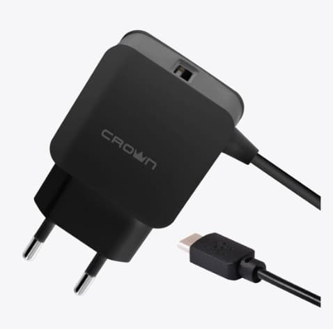 Сетевое зарядное устройство Crown CMWC-3001 черный, 1xUSB, встр.кабель MicroUSB, 1.2A