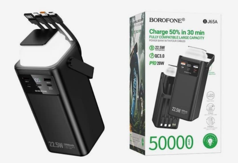 Портативное зарядное устройство (Power bank) Внешний аккумулятор Borofone BJ65A High 50000mAh Black, 22.5W+PD20W, 2USB, USB-C, 4встр.кабеля, Фонарь, дисплей