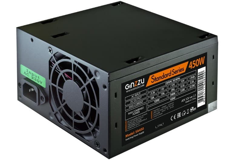 Блок питания 450W Ginzzu SA450 ATX 2.3, Черный, 8cm fan, 20+4, 4pin, 2xSATA, 2xMolex, OPP, OVP, SCP, SIP, UVP