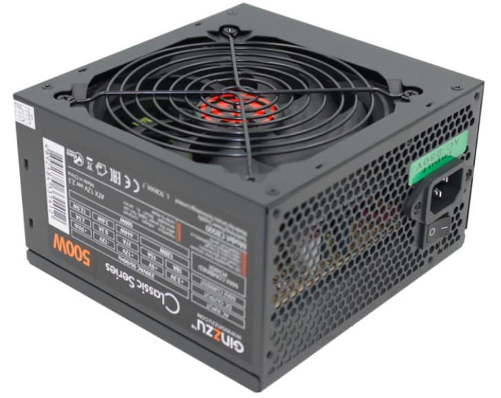 Блок питания 500W Ginzzu CB500 ATX 2.3, Черный, 12cm fan, 20+4, 4pin, 6+2pin, 4xSATA, 3xMolex