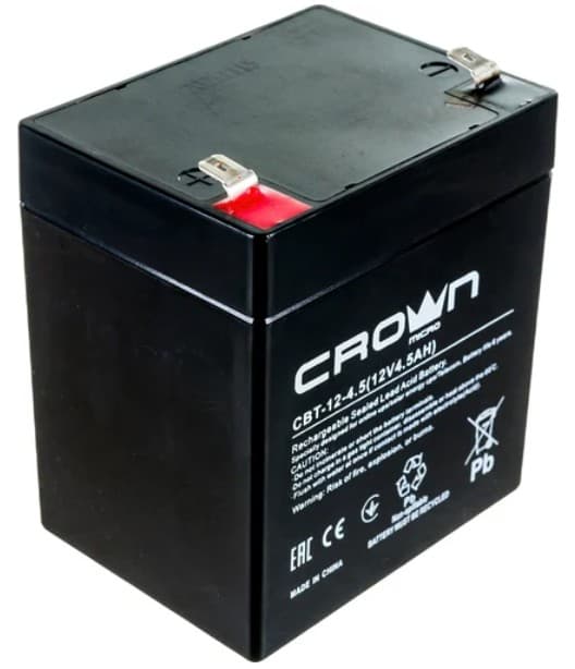 Аккумуляторная Батарея 12 В, 4.5Аh CROWN CBT-12-4.5 (12V, 4.5Ah) 90х70х101, вес 1,48 кг, F2. для ИБП и т.п.