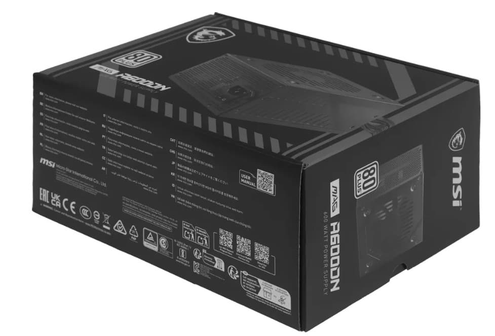 Блок питания 600W MSI MAG A600DN, 80 PLUS, ATX2.3, 12cm, active PFC, 1x 4+4-pin, 2x 6+2-pin PCI-E, 2x 4-pin Molex, 5x 15-pin SATA, OCP, OPP, OTP, OVP, SCP, UVP