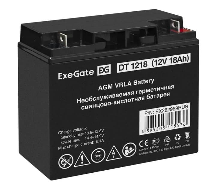 Аккумуляторная Батарея 12 В, 18.0Аh ExeGate DT 1218 (12V, 18.0Ah) клеммы под болт М5 (EX282969RUS)